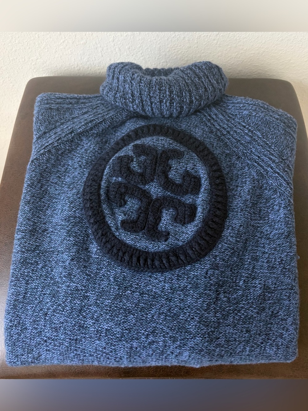 Tory Burch Slate Blue Turtleneck Sweater with Logo M